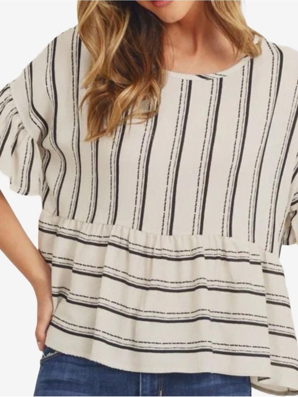 Paper crane Striped Flutter Sleeve Peplum Top - Cream/Black